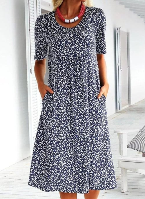 Fiona™ - Lässiges Kleid Mit Blumentaschen Dunkelblau / S Hot Products