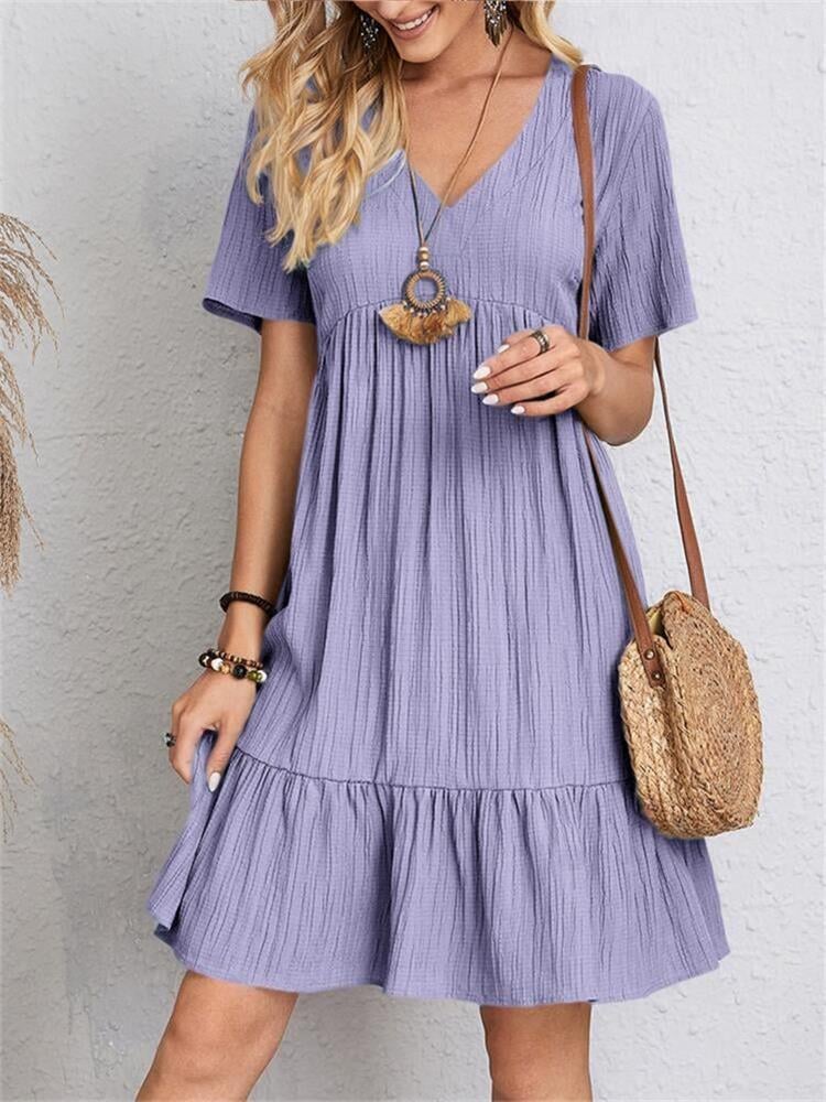 Jade™ - Damen Plissee Rüsche Solide Kleider Casual V - Ausschnitt Kläder Och Accessoarer